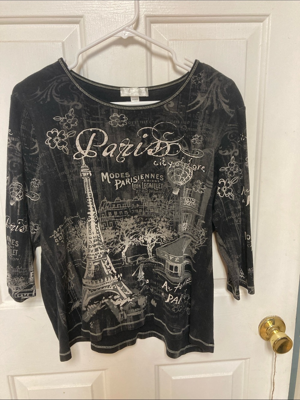 Dress Barn Black Paris Graphic 3/4 Sleeve Tee with Silver Print